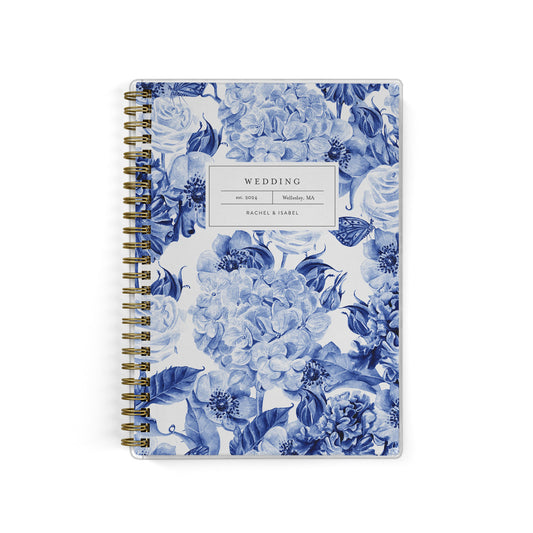 Our inclusive gender-neutral LGBT Mini Wedding Planners are perfect for planning a small wedding or elopement, shown in a blue toile hydrangea print