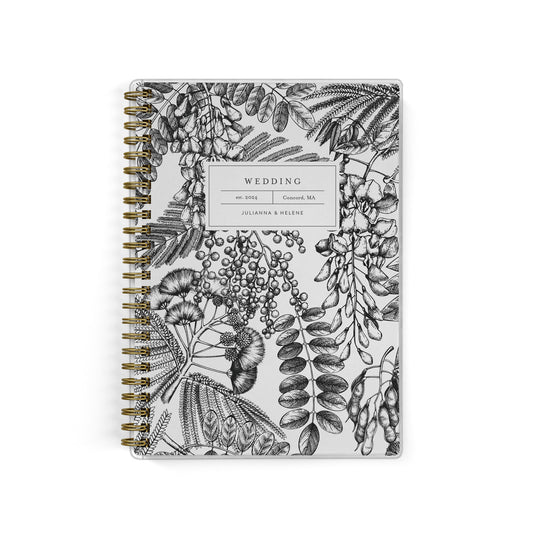 Our inclusive gender-neutral LGBT Mini Wedding Planners are perfect for planning a small wedding or elopement, shown in a black and white botanical fern print