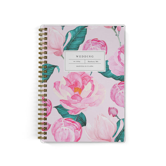 Our inclusive gender-neutral LGBT Mini Wedding Planners are perfect for planning a small wedding or elopement, shown in a pink peonies print