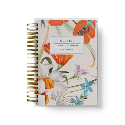 Shown in a colorful vintage botanical design, our exclusive LGBT wedding planner books are all-inclusive and gender-neutral