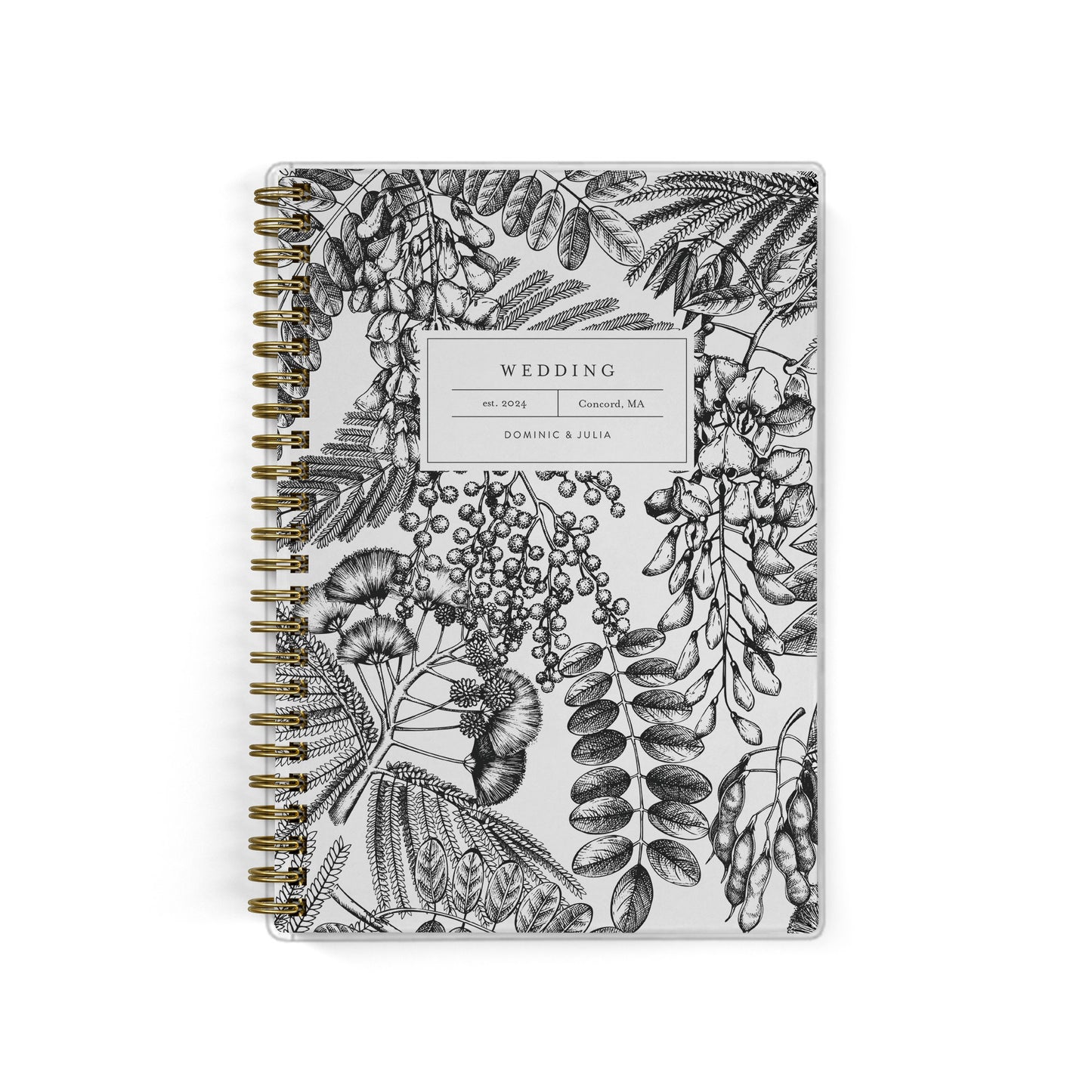 Our exclusive mini wedding planners are perfect for planning small weddings and elopements, shown in a black and white fern and foliage print