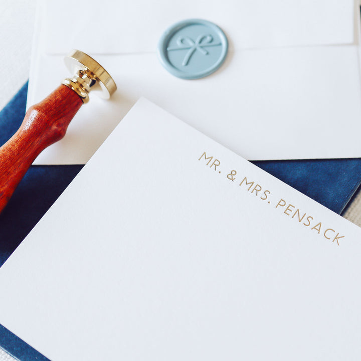 Our foil pressed note cards are printed by hand with matte gold foil on luxe cotton paper, perfect for business stationery and thank you cards
