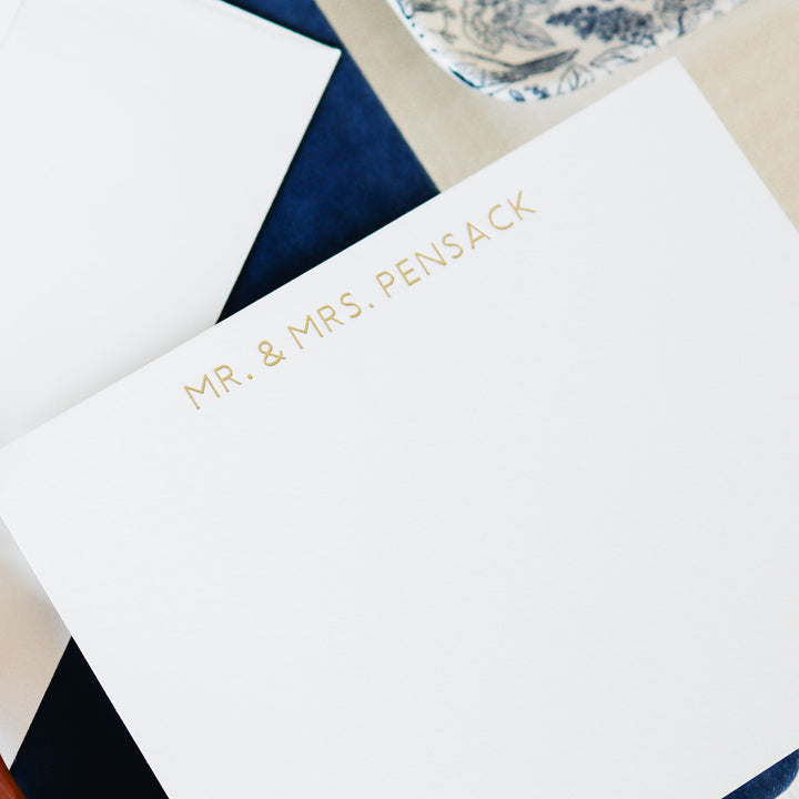 Our foil pressed note cards are printed by hand with matte gold foil on luxe cotton paper, perfect for business stationery and thank you cards