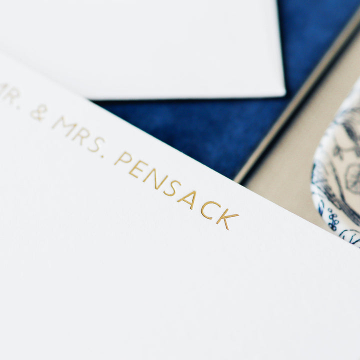 Our foil pressed note cards are printed by hand with matte gold foil on luxe cotton paper, perfect for business stationery and thank you cards