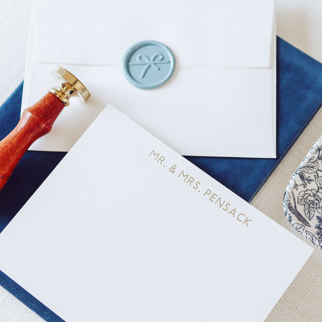 Our foil pressed note cards are printed by hand with matte gold foil on luxe cotton paper, perfect for business stationery and thank you cards