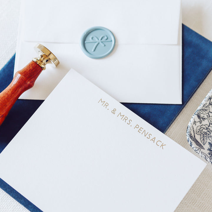 Our foil pressed note cards are printed by hand with matte gold foil on luxe cotton paper, perfect for business stationery and thank you cards