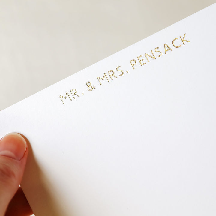 Our foil pressed note cards are printed by hand with matte gold foil on luxe cotton paper, perfect for business stationery and thank you cards