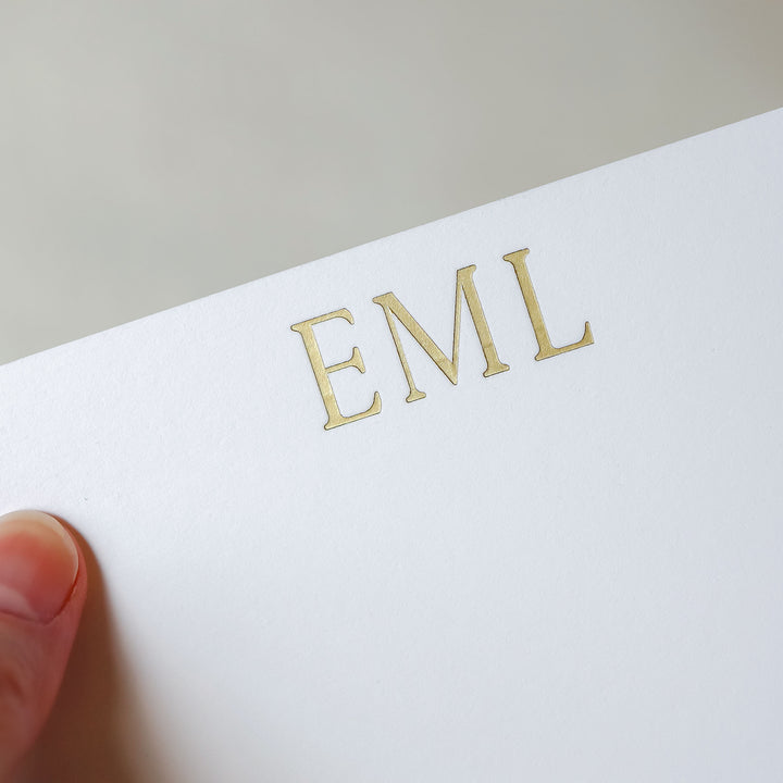 Our foil pressed note cards are printed by hand with matte gold foil on luxe cotton paper, perfect for business stationery and thank you cards