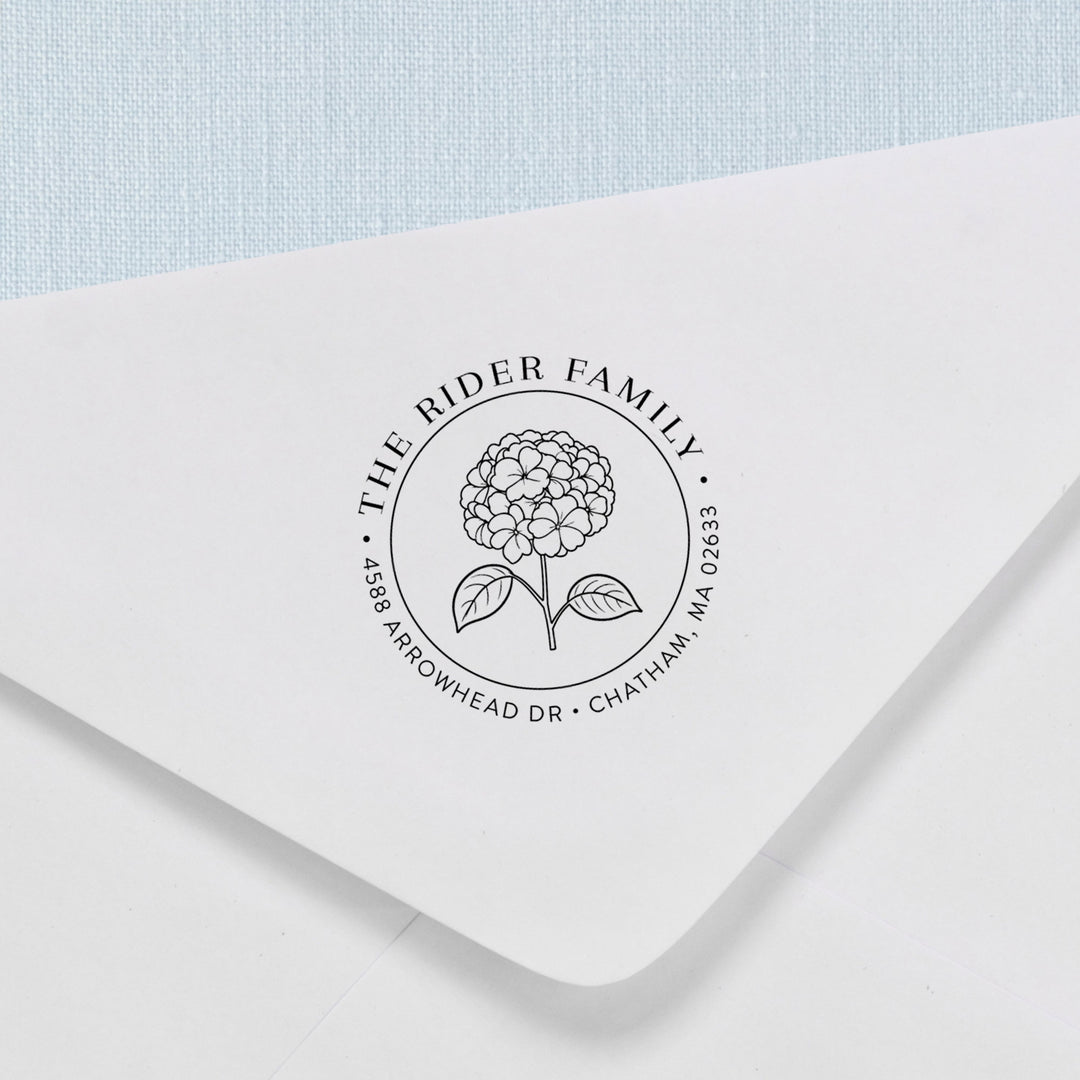 Custom return address stamp in a hydrangea design