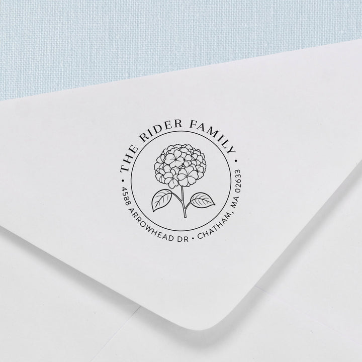 Custom return address stamp in a hydrangea design