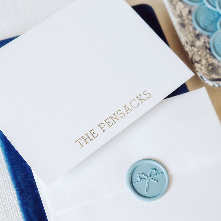 Our foil pressed note cards are printed by hand with matte gold foil on luxe cotton paper, perfect for business stationery and thank you cards