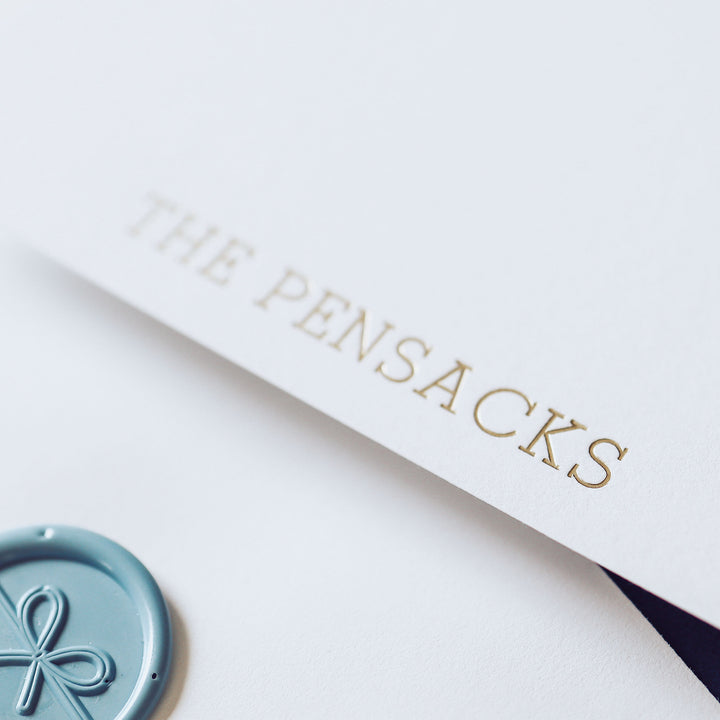 Our foil pressed note cards are printed by hand with matte gold foil on luxe cotton paper, perfect for business stationery and thank you cards