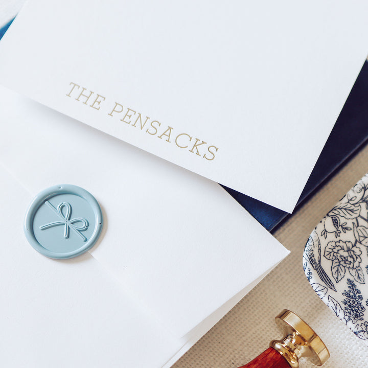 Our foil pressed note cards are printed by hand with matte gold foil on luxe cotton paper, perfect for business stationery and thank you cards
