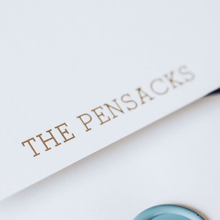 Our foil pressed note cards are printed by hand with matte gold foil on luxe cotton paper, perfect for business stationery and thank you cards
