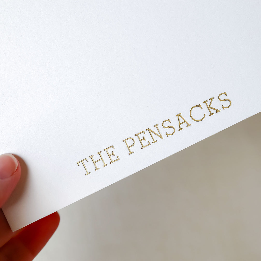 Our foil pressed note cards are printed by hand with matte gold foil on luxe cotton paper, perfect for business stationery and thank you cards