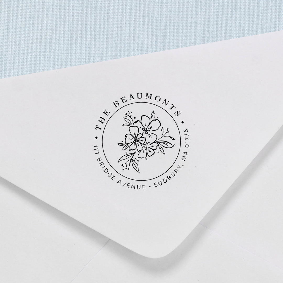 Custom return address stamp in a wildflower design