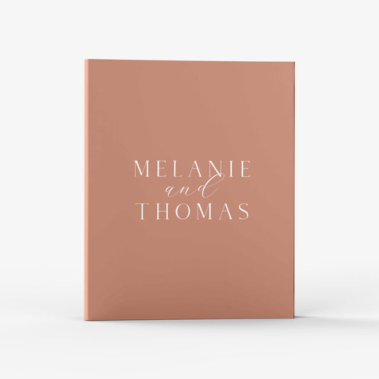 Our wedding binders are the perfect planning tool, shown in a design featuring the wedding couples' first names