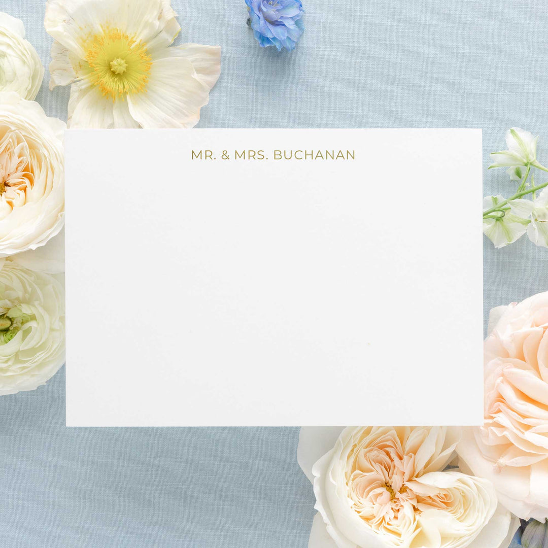 Our foil pressed note cards are printed by hand with matte gold foil on luxe cotton paper, perfect for weddings and bridal shower thank you cards