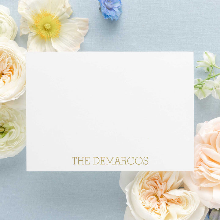 Our foil pressed note cards are printed by hand with matte gold foil on luxe cotton paper, perfect for weddings and bridal shower thank you cards