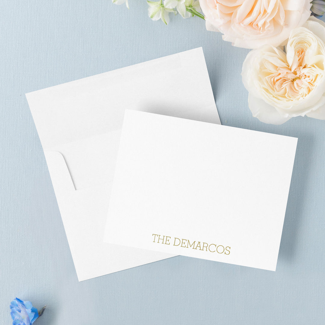 Our foil pressed note cards are printed by hand with matte gold foil on luxe cotton paper, perfect for weddings and bridal shower thank you cards