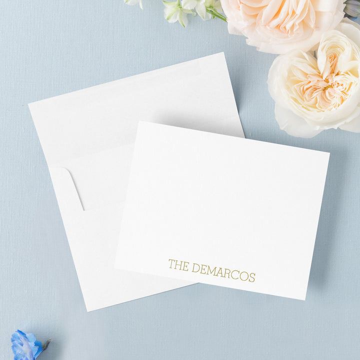 Our foil pressed note cards are printed by hand with matte gold foil on luxe cotton paper, perfect for weddings and bridal shower thank you cards