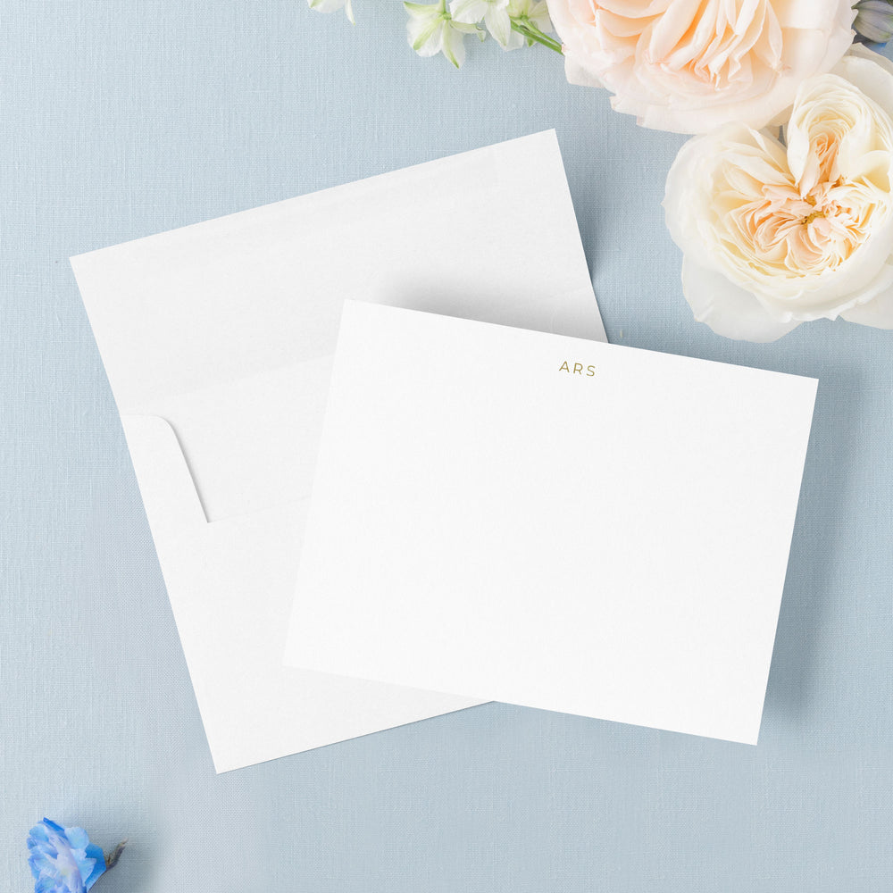 Our foil pressed note cards are printed by hand with matte gold foil on luxe cotton paper, perfect for business stationery and thank you cards