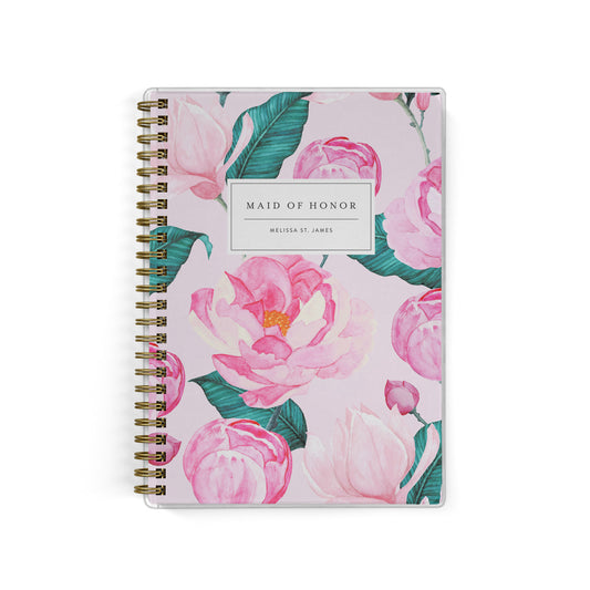 Our exclusive maid of honor planners are the perfect gift for your best friend, shown in a preppy pink peonies print