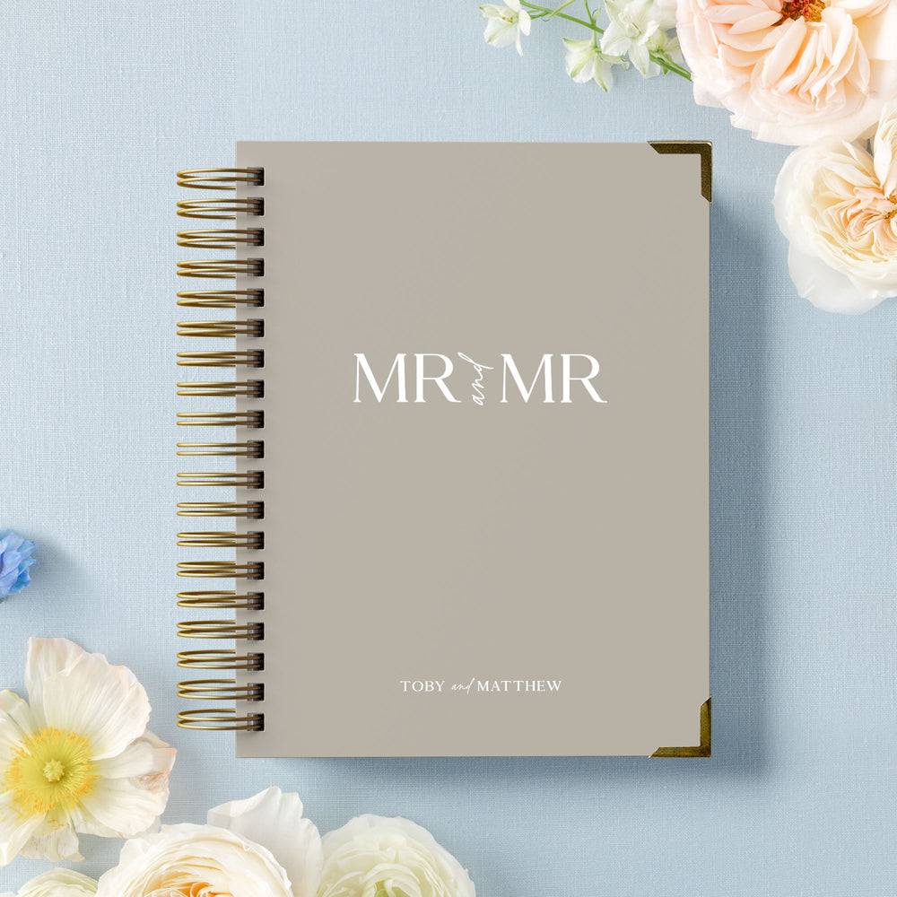 Our LGBT wedding planner books are all-inclusive and gender-neutral, shown in a modern Mr and Mr design