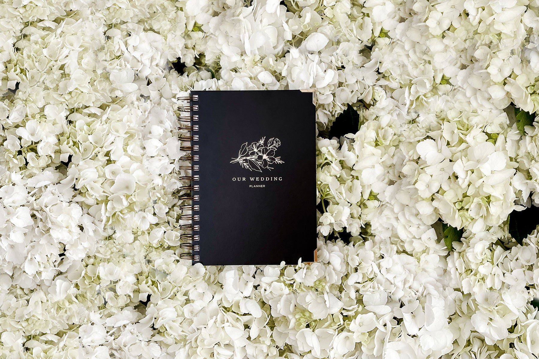 Our signature wedding planner rests on a bed of white hydrangeas - available with gold brass wire binding and gold brass corner protectors and your choice of foil.