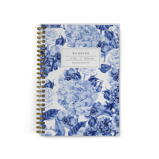 Our exclusive mini wedding planners are perfect for planning small weddings and elopements, shown in a blue toile hydrangea print