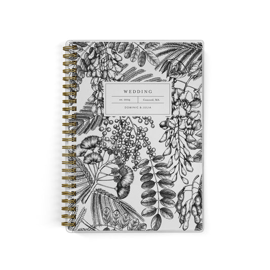 Our exclusive mini wedding planners are perfect for planning small weddings and elopements, shown in a black and white fern and foliage print