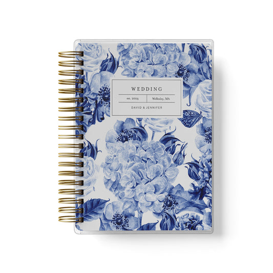 Our blue toile hydrangea design is the best option for budget friendly wedding planner books
