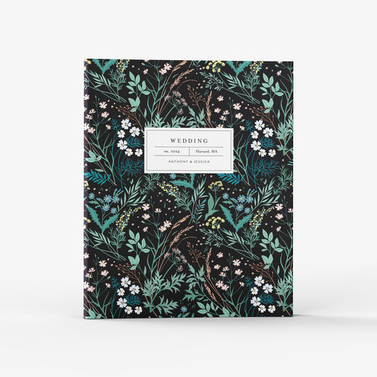 Our wedding binders are the perfect planning tool, shown in a dark wildflower design